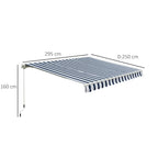 Blue and white striped awning with support arms and hanging crank