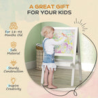 White standing art easel for toddlers with double boards and built-in shelf