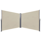 Beige double pull-out side awning with retractable privacy panels and steel frame