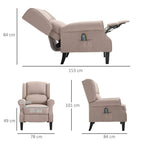 Beige reclining armchair size diagram with padded backrest and retractable footrest