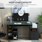 Black computer desk with keyboard tray and open storage shelves with side drawer