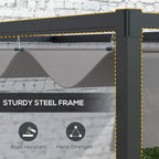 Dark grey steel pergola frame with retractable canopy fabric and wall mounting bracket.