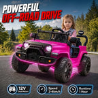 Pink electric off-road ride-on car with front headlights, grille, and black suspension wheels