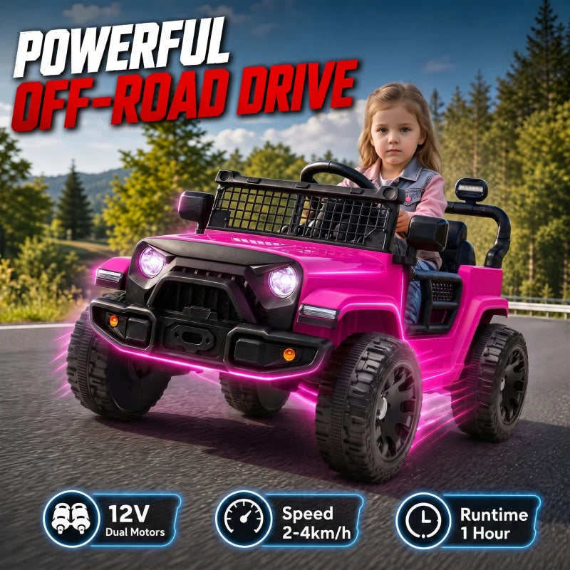 Pink electric off-road ride-on car with front headlights, grille, and black suspension wheels