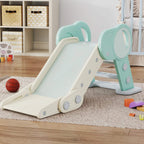 Freestanding kids slide in mint green with a light grey ramp and circular side handrails
