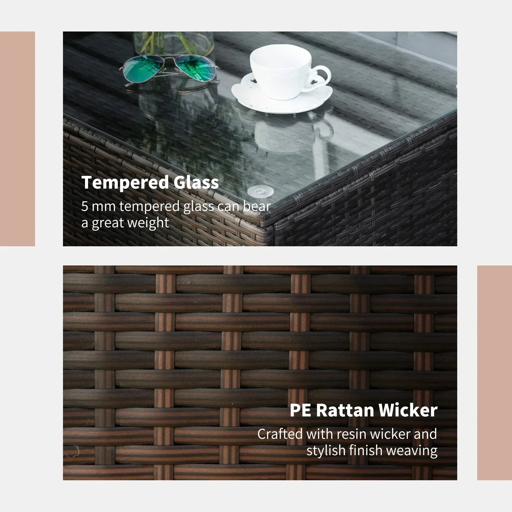 PE Rattan Garden Coffee Table with Glass Table Top - Brown - Bobobiy
