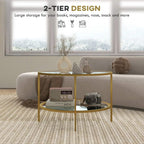 Gold-tone round 2-tier tempered-glass coffee table with open storage for books and decor