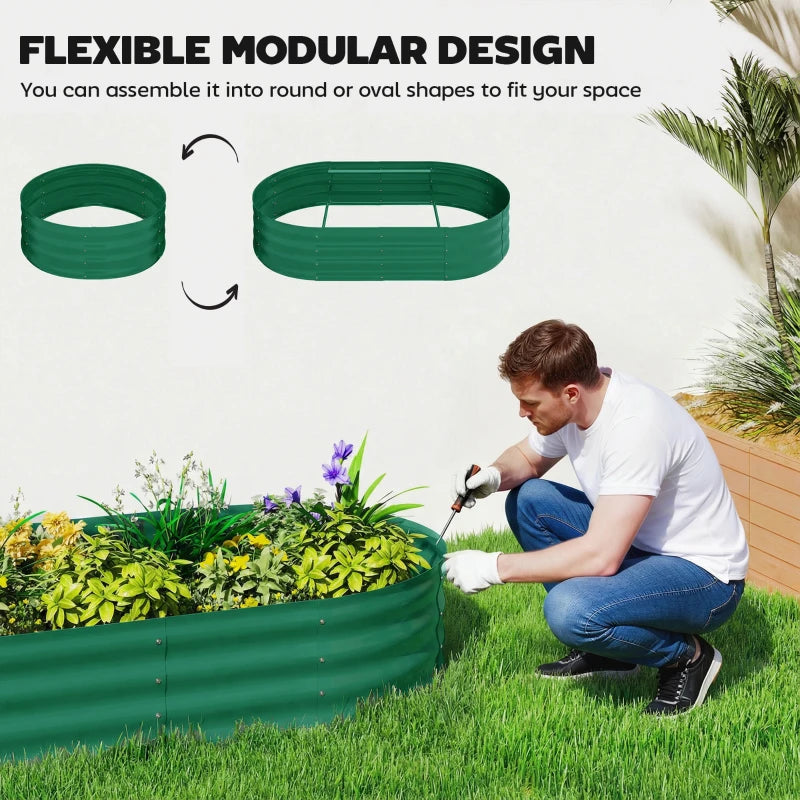 Green modular raised garden bed with arched trellis, shown as stackable metal sections
