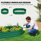 Green modular raised garden bed with arched trellis, shown as stackable metal sections