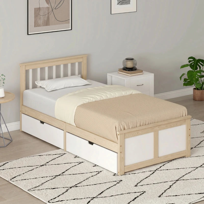 Pine single storage bed with headboard and drawer storage under the frame