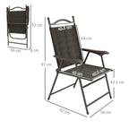 Folding garden chair with dark brown frame, dark mesh back, and armrests with measurements