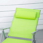 Green padded sun lounger with adjustable backrest and side armrests