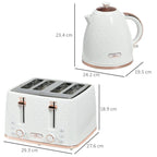 White electric kettle and four-slice toaster set shown with size guide outlines