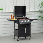 Black portable gas grill with open lid, three control knobs, and side shelves on wheels