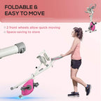 Folding exercise bike with front wheels and compact design for easy storage