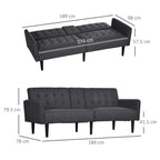 Grey convertible sofa bed with tufted back, shown with hidden legs extended
