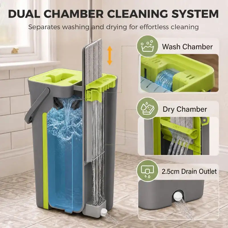Dual-chamber mop bucket set with green wringer and two mop pads, plus flat mop handle
