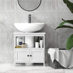White under-sink pedestal cabinet with double doors and open storage shelves
