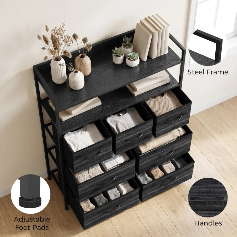 Black wood-effect storage cabinet with open shelves and seven drawer fronts