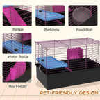 Small pet cage features: purple wire frame, blue platform ramp, and water bottle