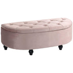 Pink tufted storage ottoman bench with rounded semicircle top and black legs