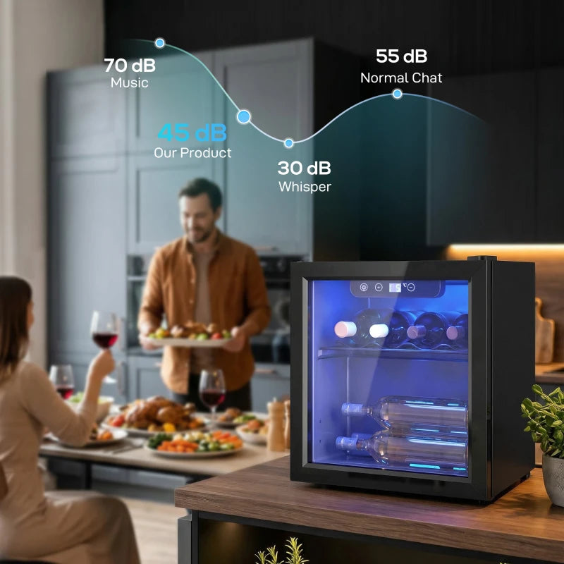 Black mini wine fridge with blue LED interior visible through glass door, tabletop size.