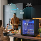 Black mini wine fridge with blue LED interior visible through glass door, tabletop size.