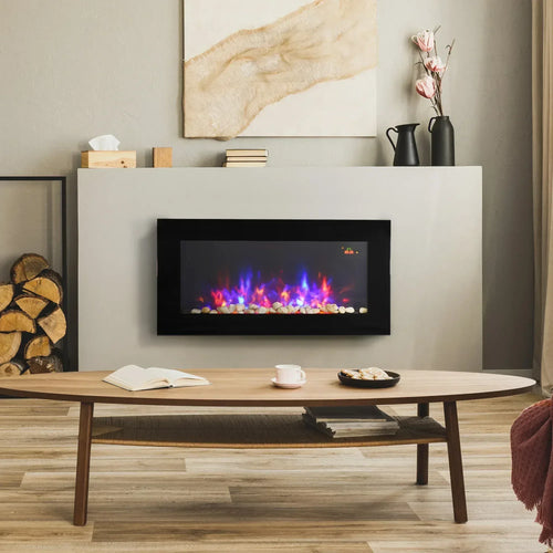 Black wall-mounted electric fireplace with LED flame display behind glass, mounted on interior wall