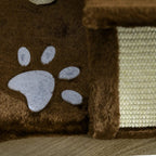Brown cat tree side panel with paw-print design and cream woven scratching insert