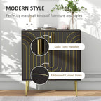 Black sideboard with gold-tone curved embossed line pattern and vertical gold tone handles