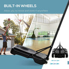 Portable basketball hoop base with built-in wheels and black stand, red rim, blue net