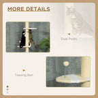 Cream cat tree featuring sisal posts and a dangling teasing ball toy.