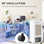 White portable air cooler with oscillation feature and swivel wheel base