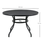 Black round garden table with slatted metal top and three curved support legs