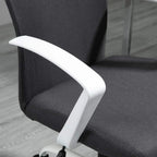 Dark grey cushioned office chair seat with white armrests and curved support frame