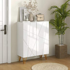 White narrow shoe cabinet with two doors and angled wood legs