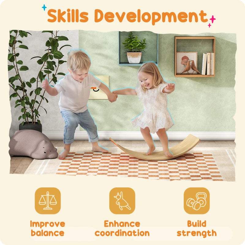 Kids playing on an orange wooden balance board on a patterned floor