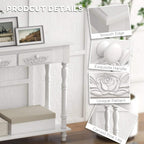 White console table drawer front with ornate carved handle and smooth edge trim
