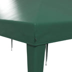 Green pop-up gazebo corner seam detail with supporting legs and frame
