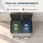 Stainless steel double bin with two open compartments and color-coded inner buckets