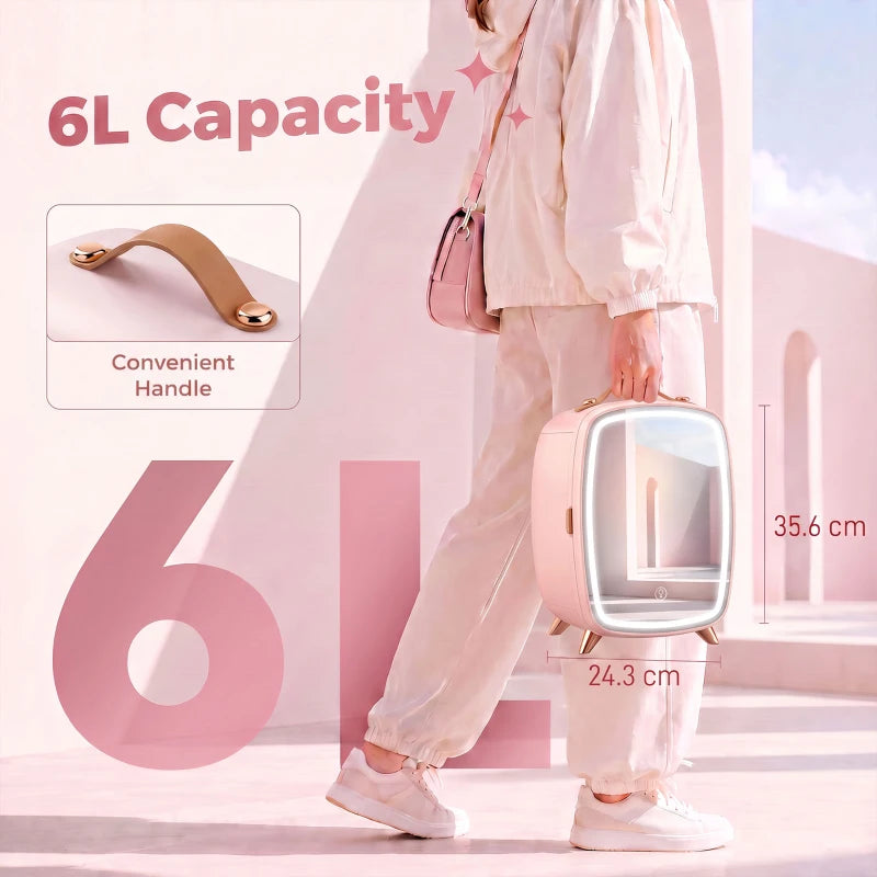 Pink 6L mini skincare fridge with top carry handle and compact stand legs