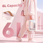 Pink 6L mini skincare fridge with top carry handle and compact stand legs