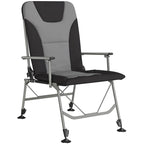 Black padded reclining folding camping chair with wide armrests and metal frame