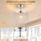 Compact silver-tone crystal ceiling light with cascading clear crystal drops and canopy