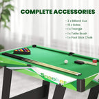 Green mini pool table top with balls, 2 cues, triangle rack, brush and chalk
