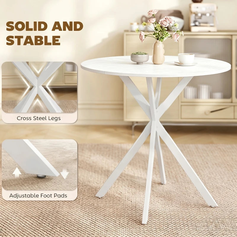 White round dining table with cross-steel legs and adjustable foot pads