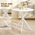 White round dining table with cross-steel legs and adjustable foot pads