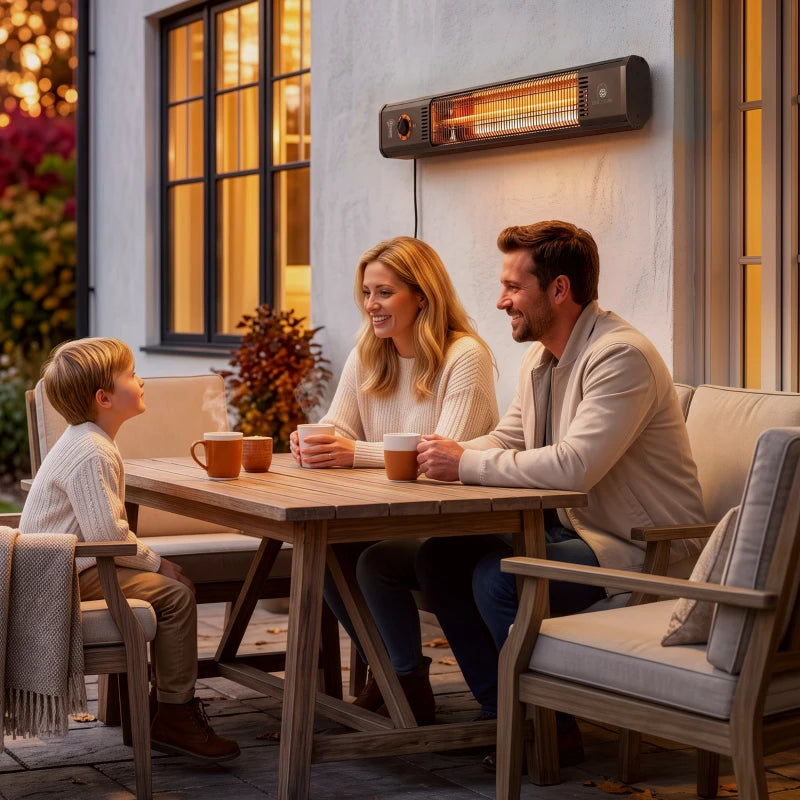 Wall-mounted black infrared patio heater with control dial and glowing element