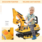 Yellow ride-on excavator toy with front scoop arm and child standing in the seat