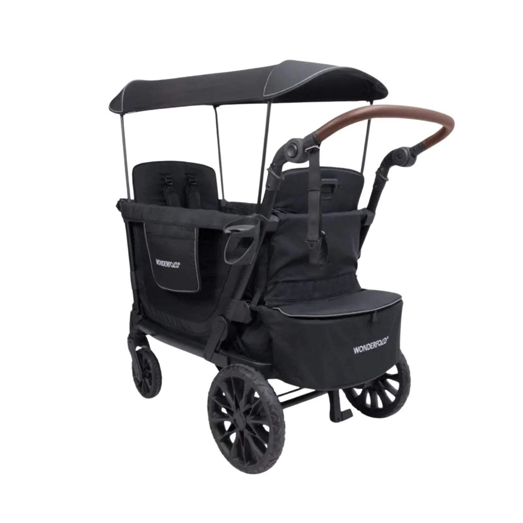 Black quad stroller wagon with canopy, padded seats, harness straps, and large wheels